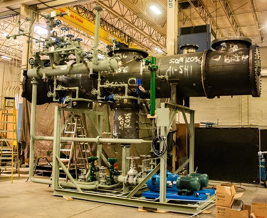 skid vessel mounted Vessel-mounted process skid with interconnected piping, valves, and a pump at Alps Welding.