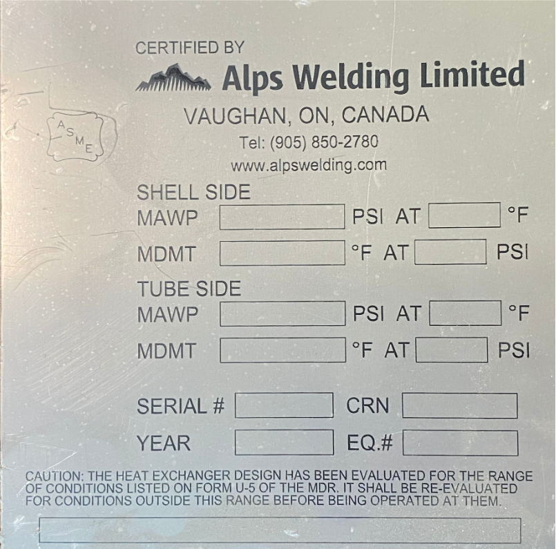 ASME nameplate Alps Welding heat exchanger nameplate template with shell-side and tube-side pressure and temperature fields.