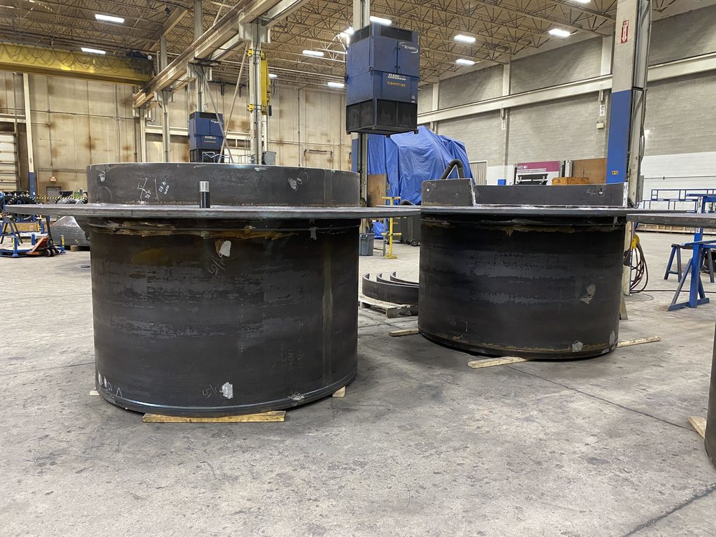 Two carbon steel kettles during fabrication at Alps Welding’s Ontario facility.