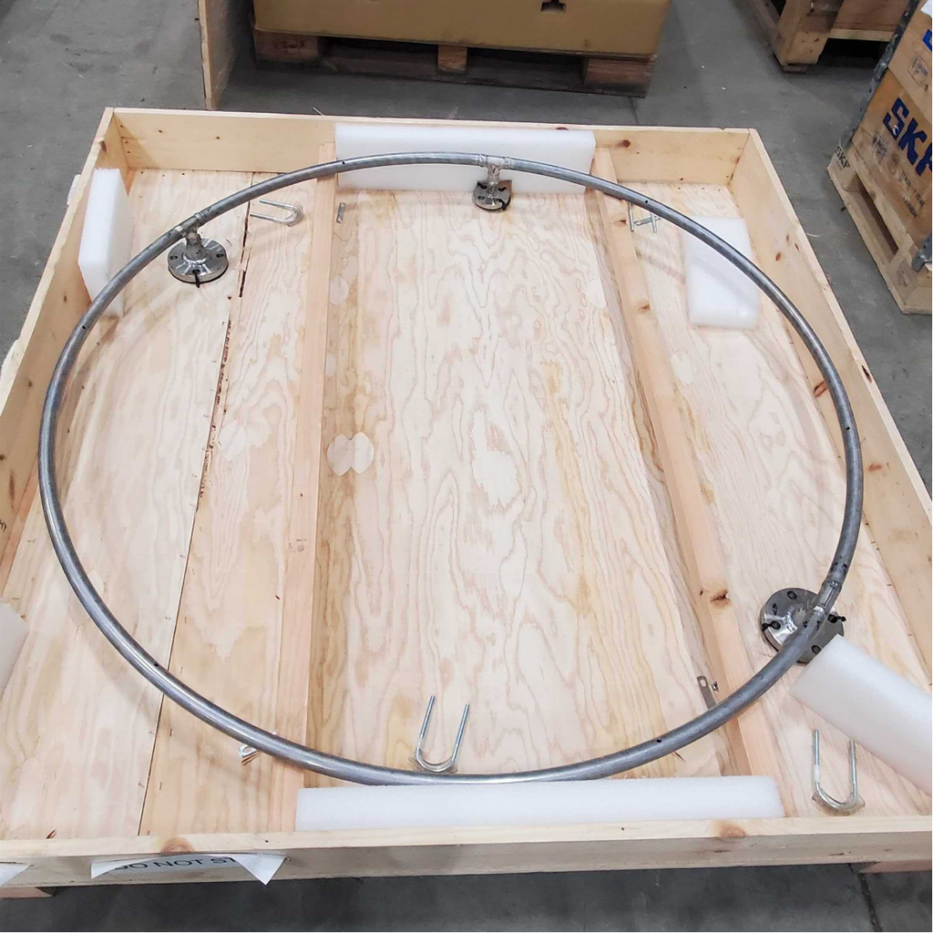 Hastelloy ring Hastelloy ring with a 57-inch outside diameter and 2.87 mm thickness in a wooden crate.
