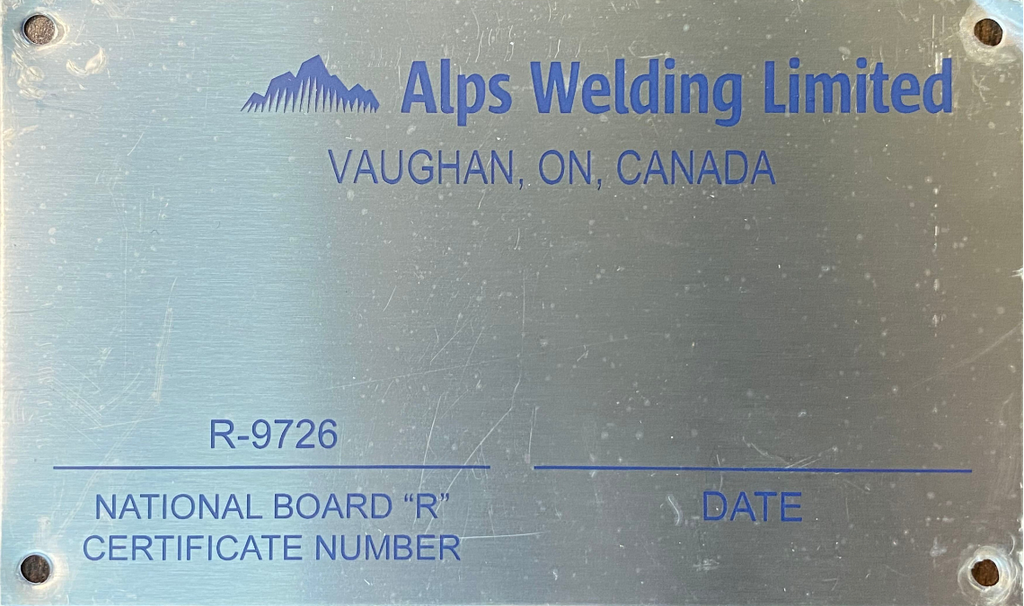 national board nameplate Alps Welding repair nameplate showing National Board R Certificate number R-9726 and a blank date field.